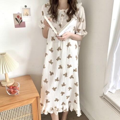 Womens Night Dress Korean Fashion Cartoon Bear Print Nightgown Soft Long Sleepwear Short Sleeve Ruffles Sweet Buttons Dress