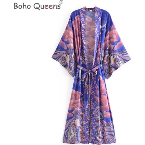 Boho Queens women star floral print bat sleeve beach Bohemian kimono dresses robe Ladies V neck Summer Boho dress vestidos