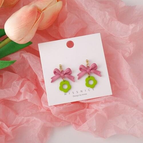 Origin Summer Cute Hollow Korean Contrast Color Pink Bowknot Dangle Earring for Women Fashion Green Earring Jewelry Pendientes