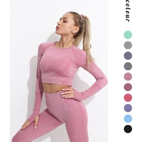 Women Seamless Yoga Set Fitness Sports Suits Gym Clothing Long Sleeve Crop Top Shirts High Waist Running Leggings Workout Pants
