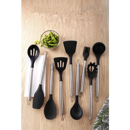 10pcs/lot Kitchen Premium Silicone Stainless Steel Cooking Utensils Set Non-stick Spatula Heat Resistant Cooking Tools XB 025