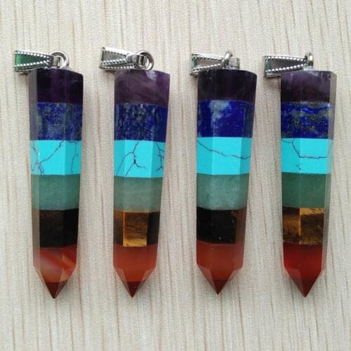 Rainbow 7 Chakra Layered Purple Crystal Lapis Aventurine Tiger eye stone 12x50mm pendants for jewelry making 4pcs/lot wholesale