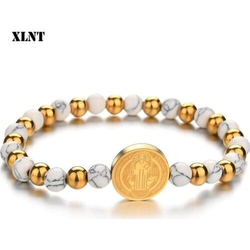 XLNT Saint Benedict Beads Bracelets Double sideds Stainless Steel Bracelets Religious jewelry