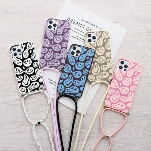 Smile Face Funda For iPhone 12 11 XS Pro Max XR X 7 8 6s 6 Plus 12 Mini 5S SE SE 2020 5 Necklace Lanyard Rope Protective Case