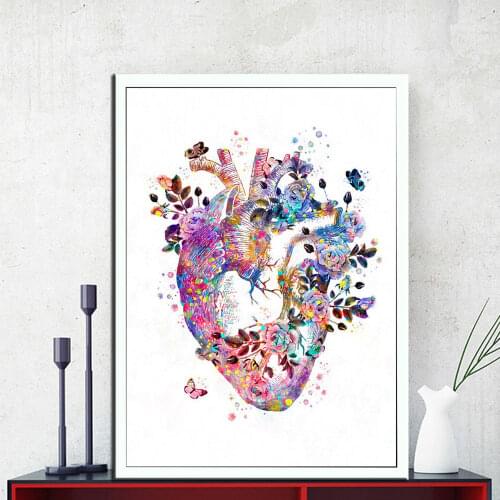 Human Heart Print Organ Anatomy Canvas Painting Medicine Anatomical Poster Vintage Print Watercolor Flower Pictures Clinic Decor