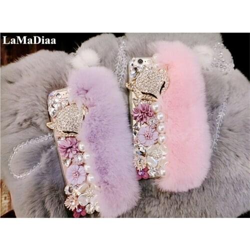Case For Huawei P9 P10 P20 P30 P40 Lite Pro Mate10 20 30 Pro Cute Soft Fluffy Rabbit Fur Hair Bling Diamond TPU Protective Phone
