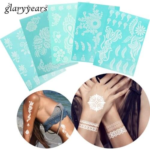 Glaryyears 1 Sheet Beauty Body White Tattoo Makeup Jewelry Flower Sticker Temporary Tattoo Bracelet Chain Wrist Art Henna Finger