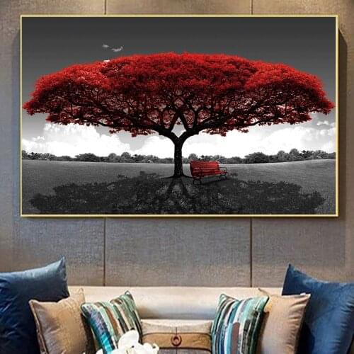 Modern Black and White Landscape Red Life Tree Ar Canvas Painting Wall Posters and Prints Wall Art Picture for Living Room