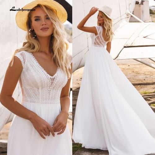 Lakshmigown short Sleeves Boho Wedding Dresses 2021 V Neck Bohemian Lace Chiffon Bridal Dress Beach Bridal Gown robe de mariee
