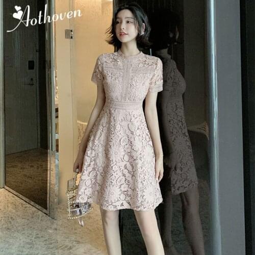 Summer Office Bandage A-Line Lace Dress High Quality Women Short Sleeve O Neck Dress Elegant Club Sexy Party Dresses Vestidos
