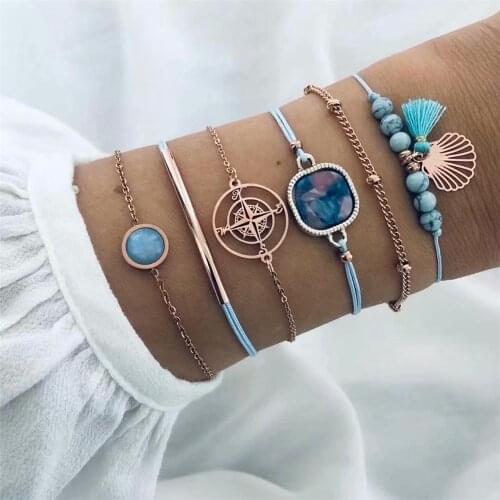 LXY-W Fashion 2021 Multilevel Crystal Gold Seashell Set Bracelet For Women New Boho Vintage Geometric Blue Stone Party Jewelry