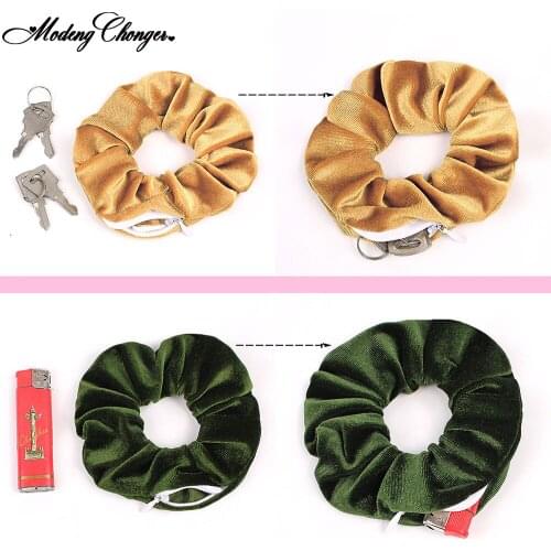 2020 Fashion New Retro Zipper Large Intestine Elastic Hair Band Velvet Tencel Pocket wallet Hair Scrunchies Hair Accessories