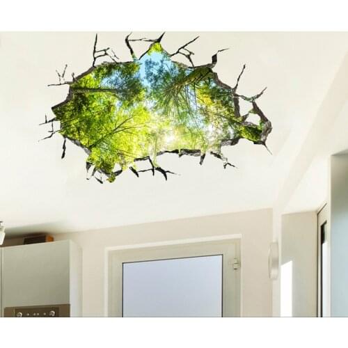 3D Brick Wall Pattern Deep Forest Tree Leaves Wall Stickers Home Decor Bedroom Ceiling Art Mural Self-adhesive Floor Wall Decals