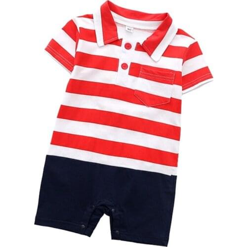 New Summer Baby Boy Clothes Soft Cotton Romper Short Sleeve Striped Gentleman Turn-down Collar Clothing Shortalls Roupas Bebe