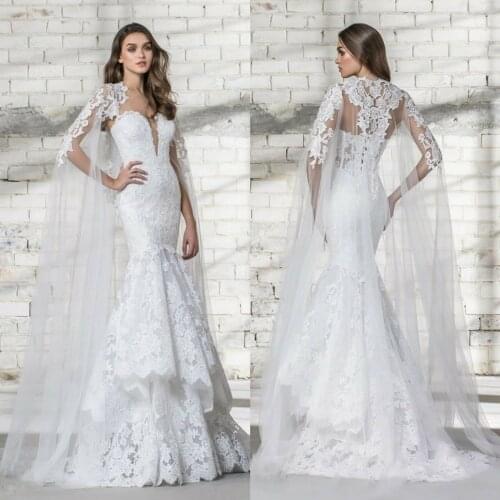 2019 New Bridal Wraps Custom Made Lace Applique Cathedral Wedding Cape Shawls White and Ivory Bridal Jacket