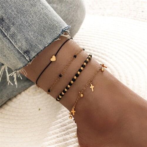 Modyle 2021 New Punk Vintage Gold Color Heart Cross Beads Bohemian Black Crystal Rope Anklet for Woman