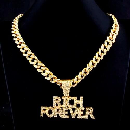 Letter Rich Pendant for Mens Necklace Miami Cuban Chain Iced Out Hip Hop Rapper Rock Choker Necklace for Men Jewelry Bulk Items