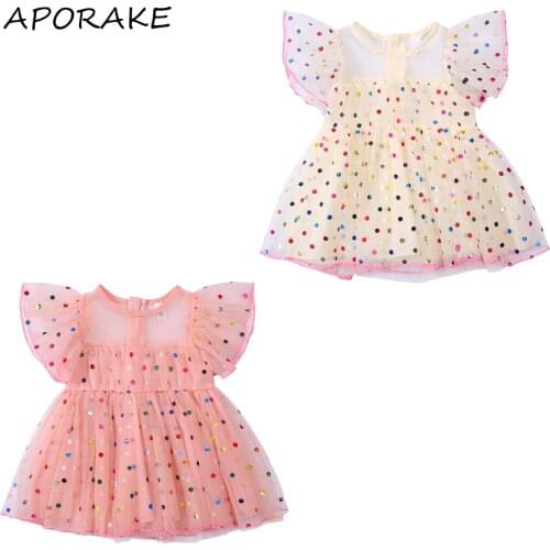 2021 0-3Y Princess Toddler Girls Dress Dot Sequins Fly Sleeve Mesh A-line Sweet Dress Summer Sundress For Party