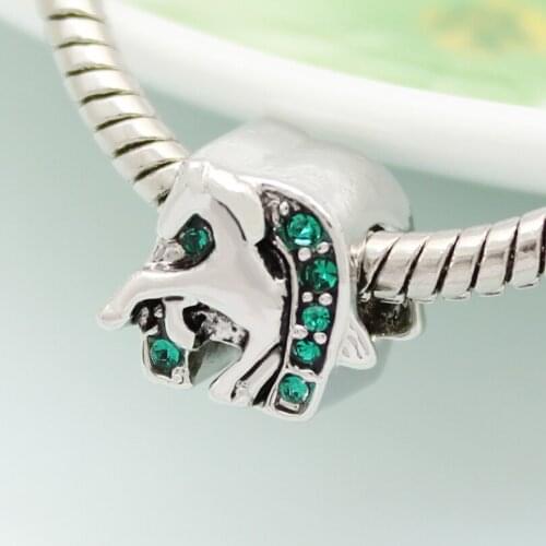 Slide charm free shipping DIY beads Green crystal running horse animal charm beads fit Pandora bracelet necklace