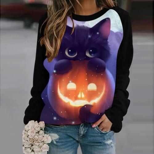 Cute Fashion Tops Female 2021 Spring Autumn Halloween Sweatshirts Cat Printed Long Sleeve Women Casual Pullover Sweatshirts New