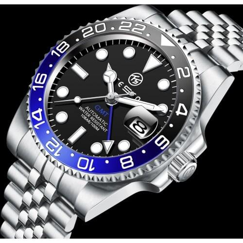 TESEN Sport Watches For Men Luxury Brand Automatic Mechanical Watches Mens Luminous Stainless Steel Waterproof GMT Wristwatch