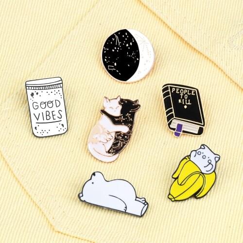 Universe GOOD VIBES Cup Enamel Pin Cats Book Banana Bear Badge Brooches Lapel Pins for Denim Jackets Bag Cartoon Jewelry Gifts