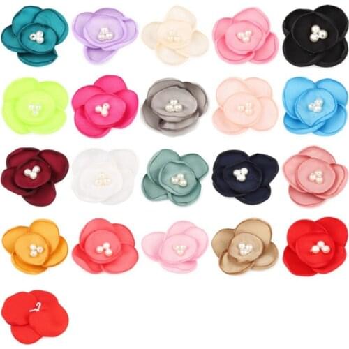 50pcs/lot 5cm Chiffon Pearls Hair Clips Petals Burn Edge Fabric Hair Flowers For Kids Girls Hair Accessories Headbands DIY
