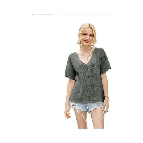 Summer New Womens T-Shirt Solid Color Casual V-Neck Pocket Short Sleeve Waffle Street Womens T-Shirt Top