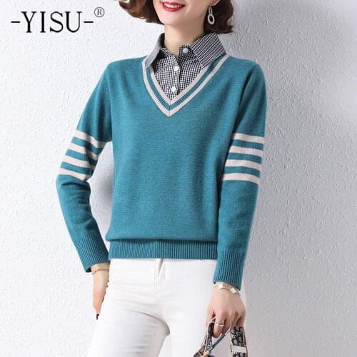YISU Spring New Women Thin section Sweater Solid color polo collar Spring tops Long sleeve Female Stripe Casual Knitted pullover