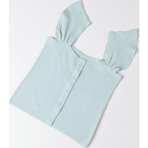 Purple Square Collar Flying Sleeves Women Tank Top Basic Tube Top Splice Buttons Korean Top Vest Knitted Backless Femme Clothes