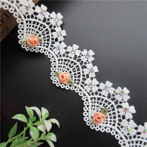 1 yard White Cotton Rhinestones Scallop Flowers Embroidered Lace Trim Ribbon Fabric Handmade DIY Wedding Dress Sewing Craft
