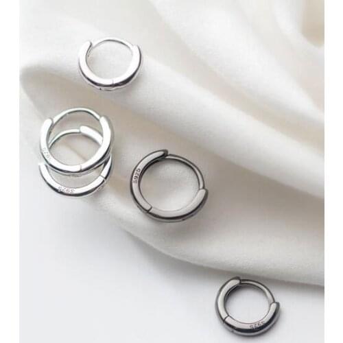 10MM 12MM 100% Authentic Real 100% 925 Sterling Silver Fine Jewelry Black Enamel Round Circle Loop Hoop Huggie Earrings