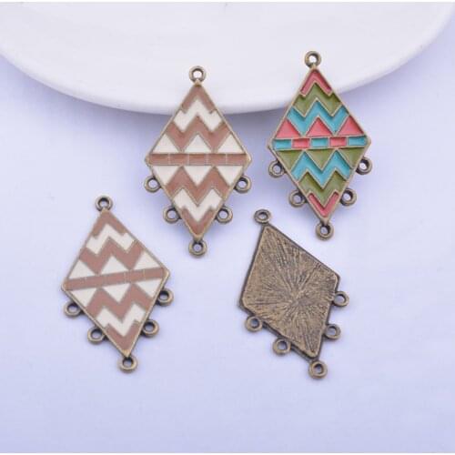 12pcs Earrings Decoration 5 Hole Lozenge Earrings Connector Alloy Antique bronze Geometry Connectors Enamel Charm