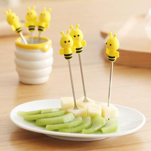 7PCS/Set Silicone Carton Bee Fruit Fork Household Cute Stainless Steel Creative Fruit Forks Set With Ceramic Base
