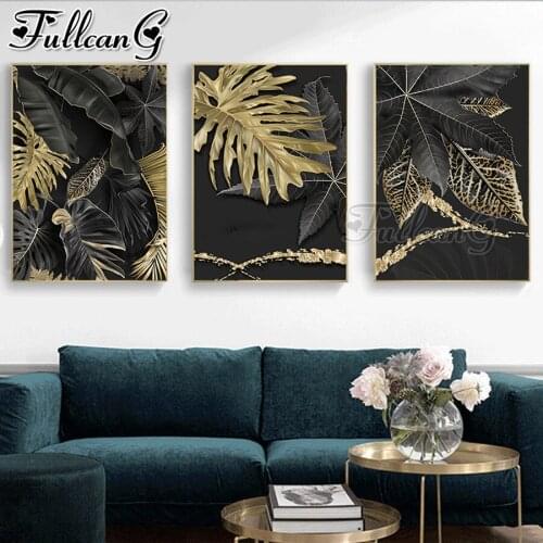 FULLCANG 5d diy diamond embroidery golden black leaves Abstract diamond painting triptych full square round drill decor FC2983