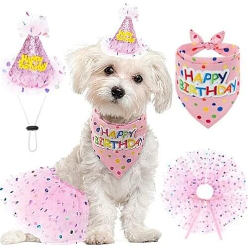 Dog Birthday Bandana Hat Dress Set Pink Cone Crown Triangle Scarf Tutu Skirt Outfit for Dogs Birthday Party Decoration Supplies