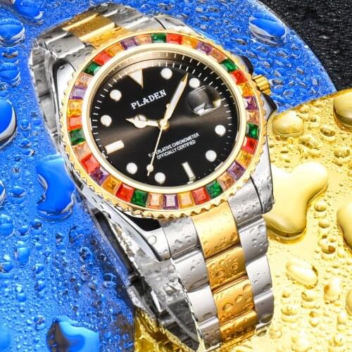 PLADEN Rainbow Diamond Mens Watches Top Brand Luxury Quartz Wristwatches Waterproof Luminous Classical Watch Relogio Masculino