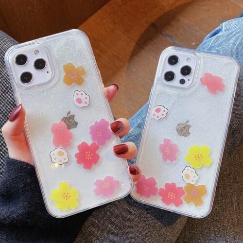 Cute Cat Paws Flower Dynamic Liquid Quicksand Sliding Blocks Phone Case for iPhone 12 Mini 11 Pro MAX Floral Clear Back Cover