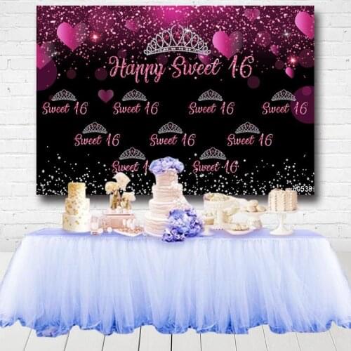 Black Hot Pink Glitter Happy Sweet 16 Party Backdrop For Photo Studio Silver Crown Girl Birthday Photography Background