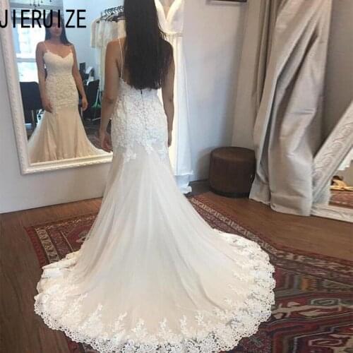 JIERUIZE Mermaid Long Wedding Dresses Spaghetti Strap Backless Sleeveless Lace Appliques Wedding Bridal Gowns vestidos de noiva