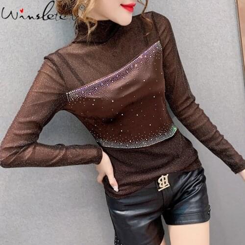 Spring European Style T-Shirt Sexy Shiner Diamonds Mesh Patchwork Women Tops Long Sleeve Bottoming Shirt All Match Tees T16216A