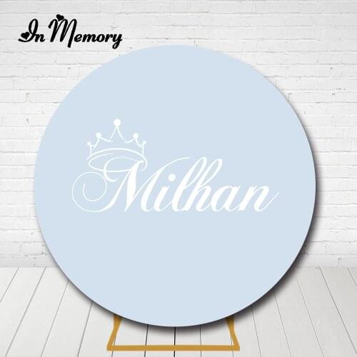InMemory Baby Blue Color Round Backdrop Cover Boys Newborn Baby Shower Baptism White Crown Customized Name Circle Background