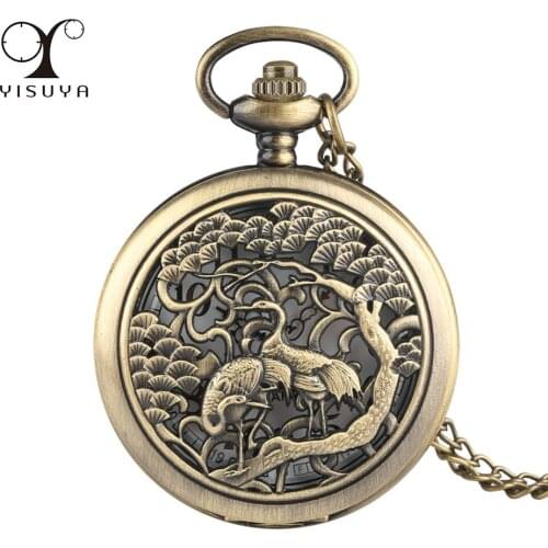 Exquisite Vintage Double Cranes Design Necklace Watch Quartz Pocket Clock Arabic Numerals Dial Pendant Antique Clock Gifts