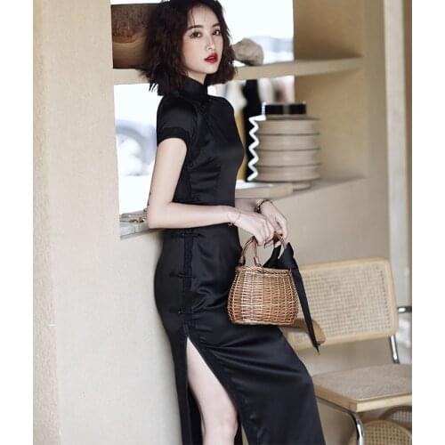 Oriental Dress Black Qipao RealSilk Retro Cheongsam Customized Chinese Traditional Female Skirt Tight Fitting Summer China Dress