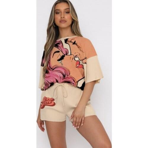 Two Piece Shorts Sets Women Fashion Cartoon Print O Neck T Shirt Top Outfits Summer New Loose Casual Drawstring Short Pant Suits