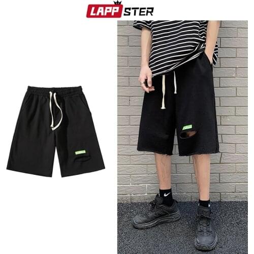 LAPPSTER Men Fashions Streetwear Ripped Sweat Shorts 2021 Summer Mens Harajuku Japanese Vintage Running Shorts Male Baggy Pants