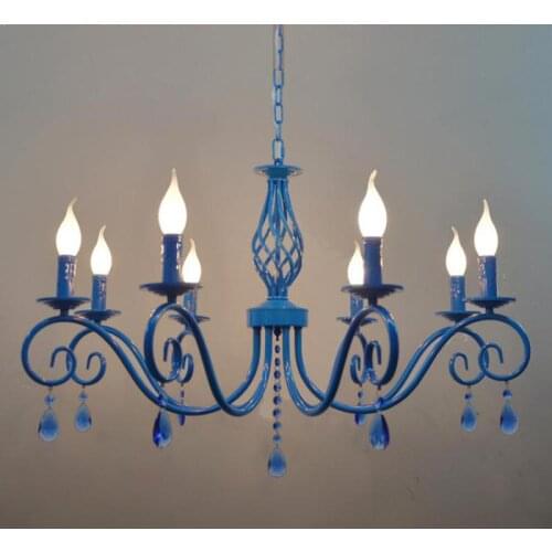 Mediterranean 6-8 pcs blue Bar Cafe lighting Restaurant Iron Chandelier for living Room Bedroom E14 Led candle Chandelier Lustre