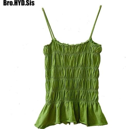Cute Women Knitted Camisole Club Camis Sleeveless Strap Vest Woman Tank Top Girls Bare Midriff Solid Pleated Tops 2020 Summer