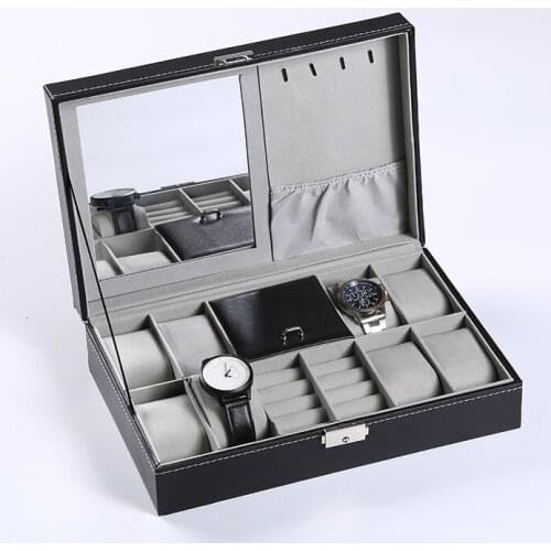Jewelry storage multi-function box display 8 Slots watch Organizer box 2 grid jewelry box necklace Storage Case with Lock Mirror