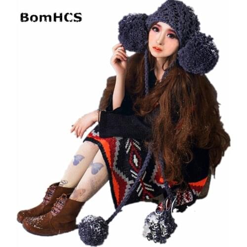 BomHCS Fashion Womens Big Pompoms Hollow Beanie 100% Handmade Knitted Hat Girls Caps